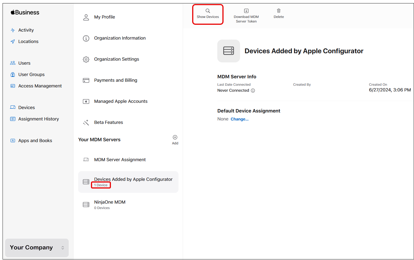 Show Devices option on the Apple Business dashboard