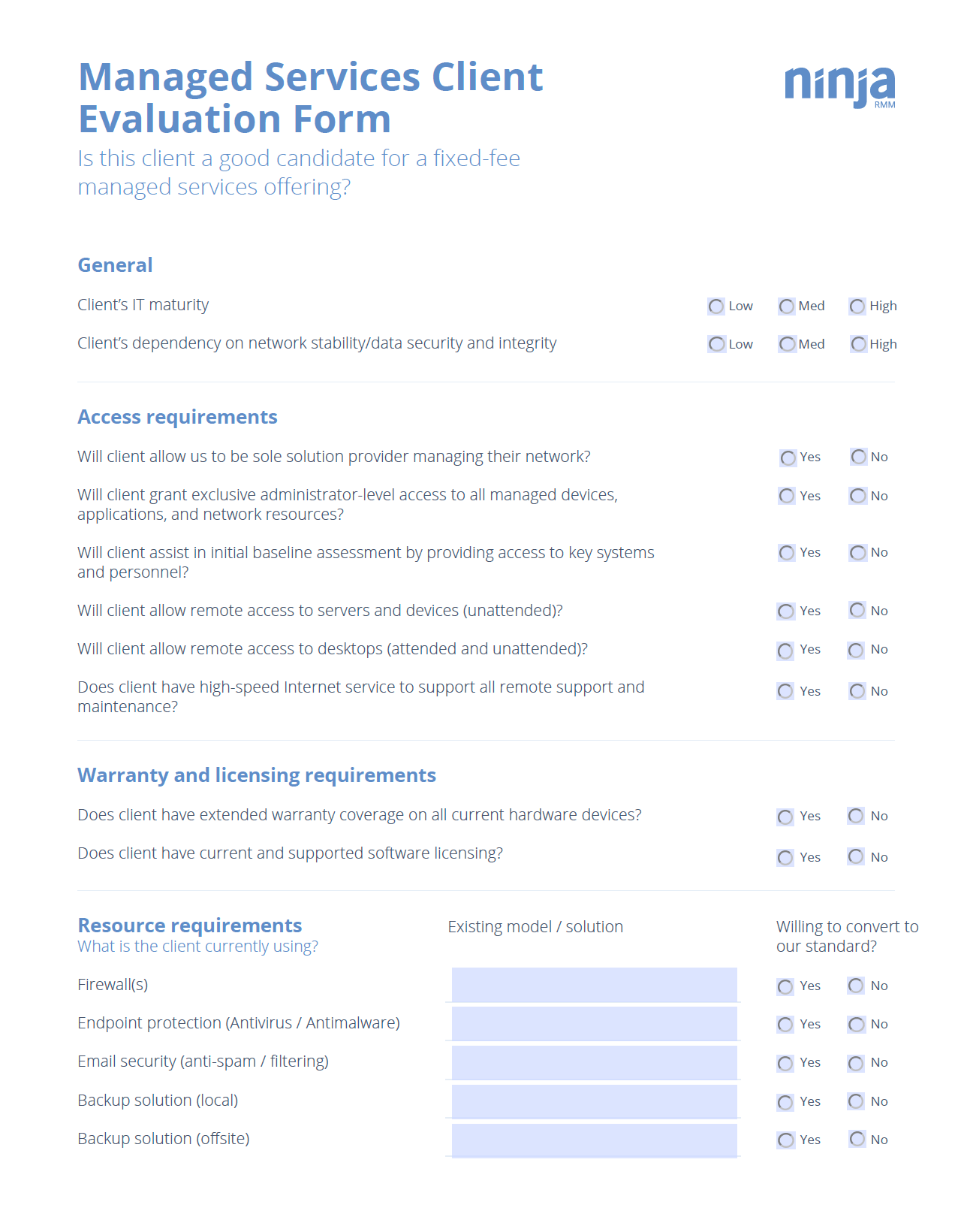 managed services client evaluation form