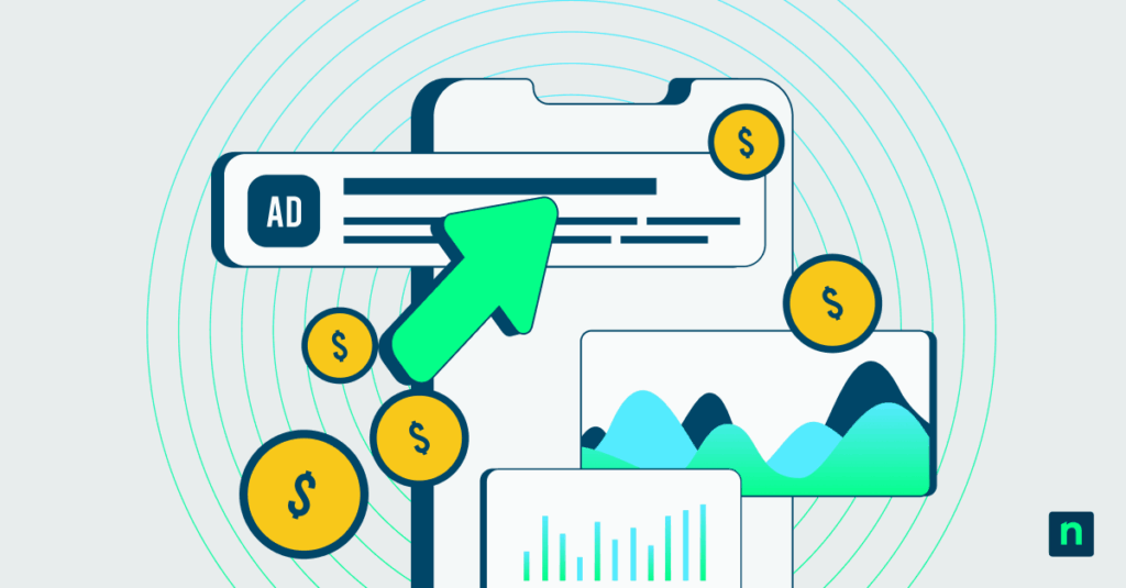 An illustration of an advertisement surrounded by dollar signs representing a blog post on paid advertising for MSPs