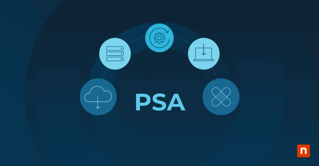 An illustration of PSA surrounded by icons of its functions representing a blog post on NinjaOne's PSA integrations