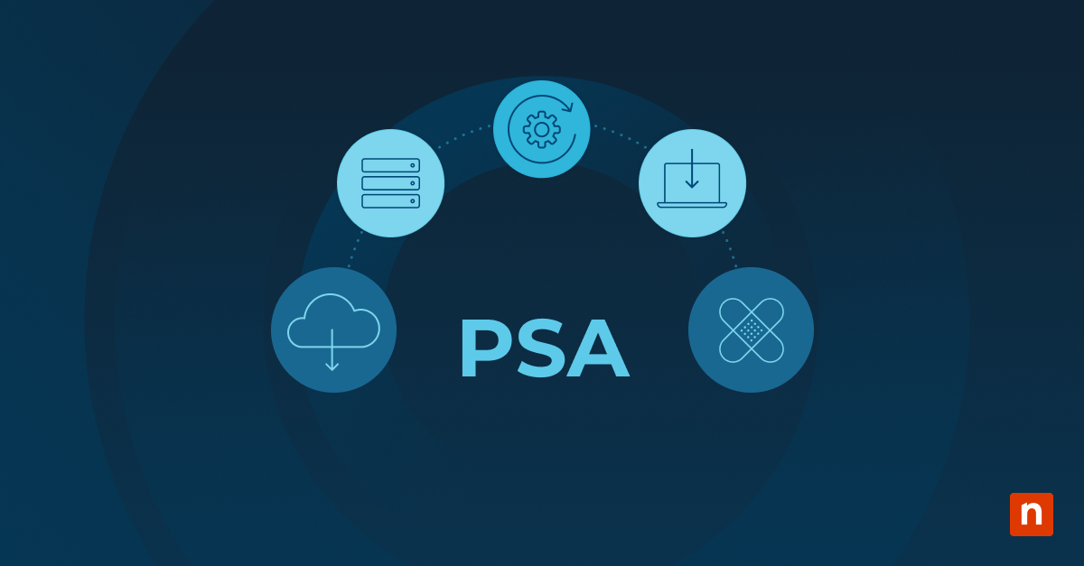 An illustration of PSA surrounded by icons of its functions representing a blog post on NinjaOne's PSA integrations