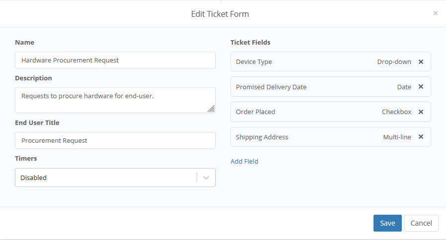 Screenshot di modifica modulo ticket