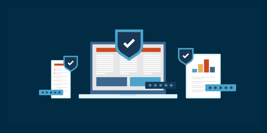 A mobile phone, laptop, and tablet with shields representing a blog post on vulnerability management