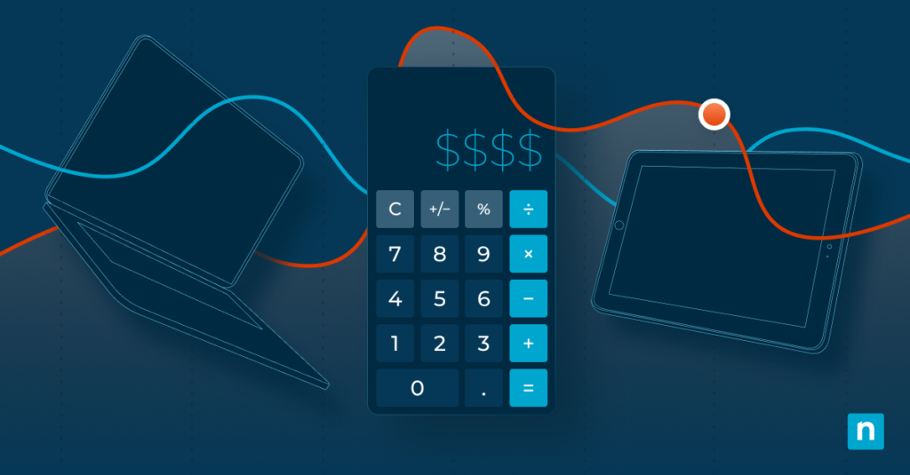 Illustration of a calculator and devices representing IT budgeting