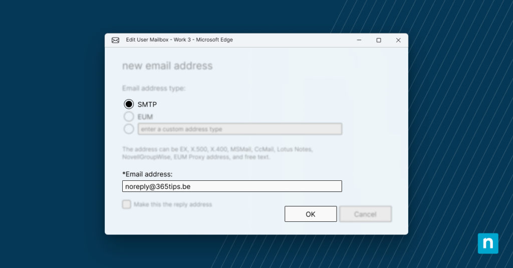 Screenshot of the UI when adding a new email alias within Active Directory