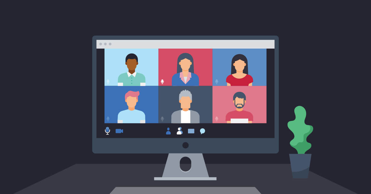 An illustration of a desktop showing people on a video call representing transitioning to remote work
