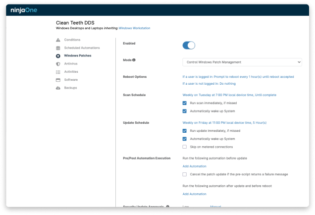 Una captura de pantalla de NinjaOne Windows Patch Management