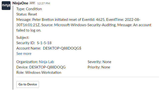 Capture d'écran de l’intégration de Slack
