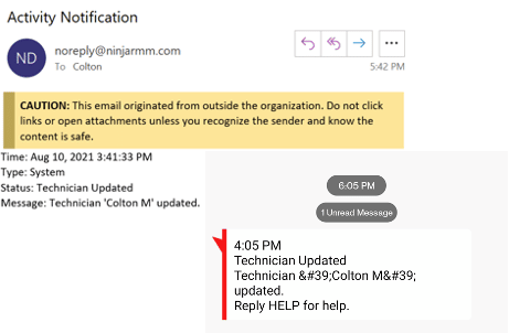 Capture d'écran de la notification d'activité