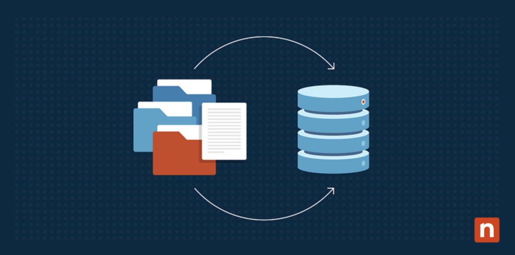 Illustration of paper documents and a database representing digital transformation strategy in IT