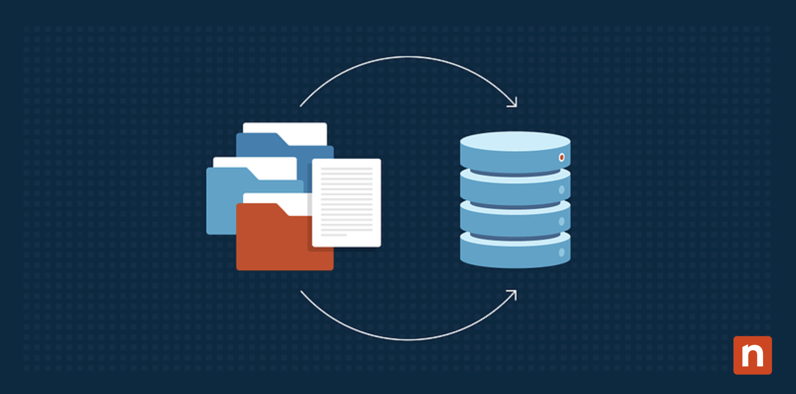 Illustration of paper documents and a database representing digital transformation strategy in IT