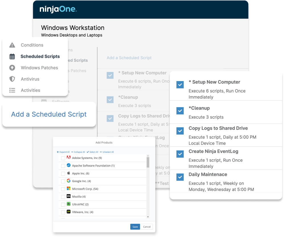 Screenshots related to how NinjaOne improves efficiency