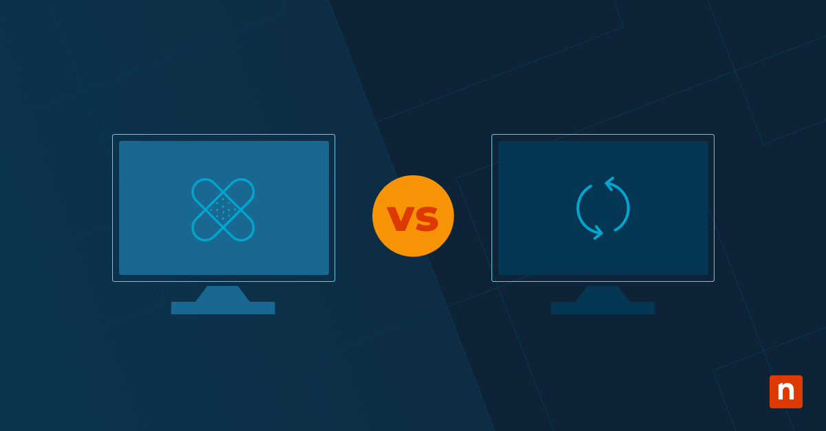 Illustrazioni di dispositivi con icone che rappresentano una patch o un aggiornamento in relazione agli endpoint