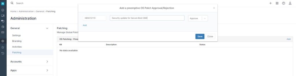 Uno screenshot per il blog della finestra di dialogo per l'aggiunta di patch per ridurre i rischi delle vulnerabilità zero-day