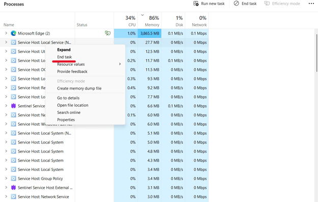 Processes running including Service Host