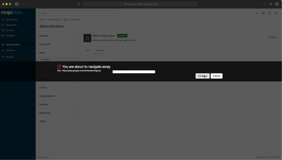 Finestra di navigazione per la pagina Android Enterprise