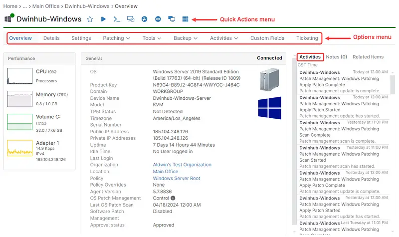 Ein Bildschirmfoto mit detaillierten Informationen zum Gerät