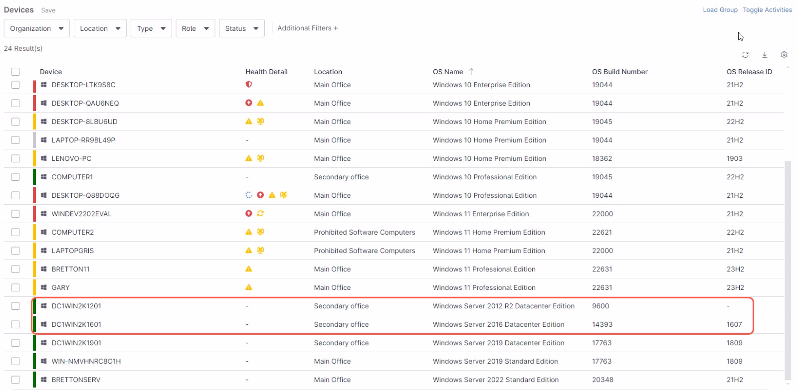 Ein Screenshot mit der Geräteliste
