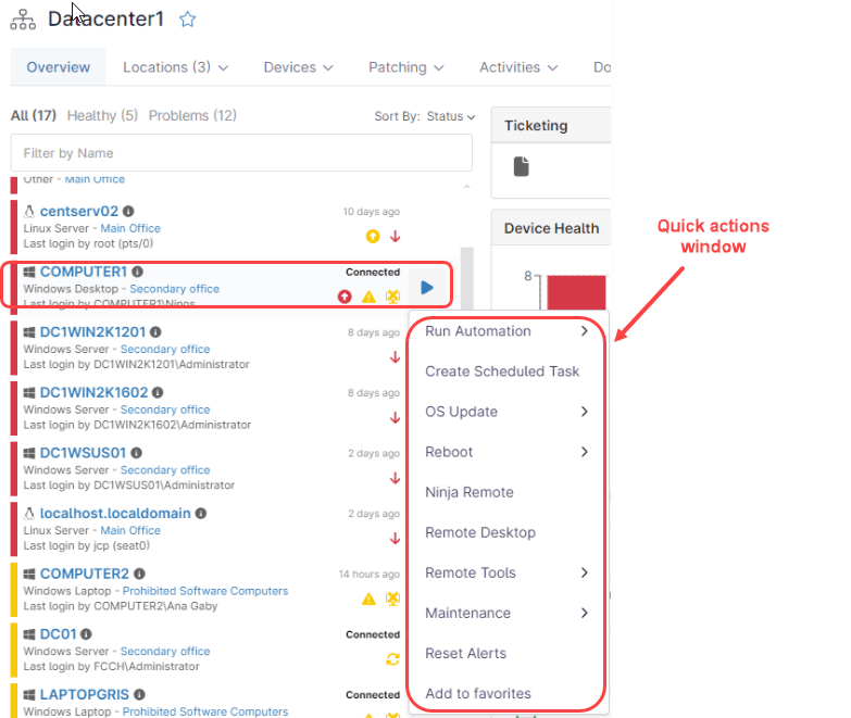 Une capture d'écran montrant la fenêtre d'action rapide