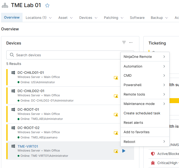 Overview device actions