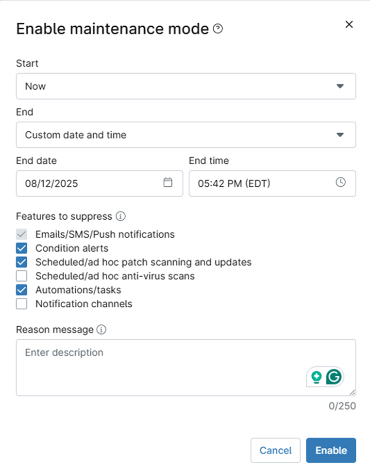In the Enable Maintenance Mode dialog box, configure settings