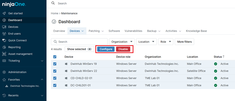 Select the device to manage to display Configure or Disable