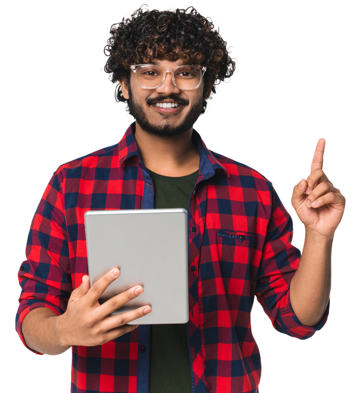Helpdesk worker holding a tablet and wearing a red and black plaid shirt