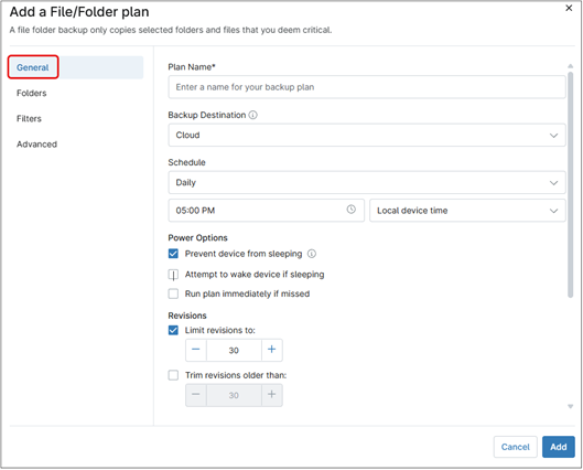 Add a File/Folder plan screen 