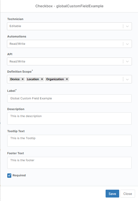 Ein Screenshot zeigt das Dialogfeld für benutzerdefinierte Felder
