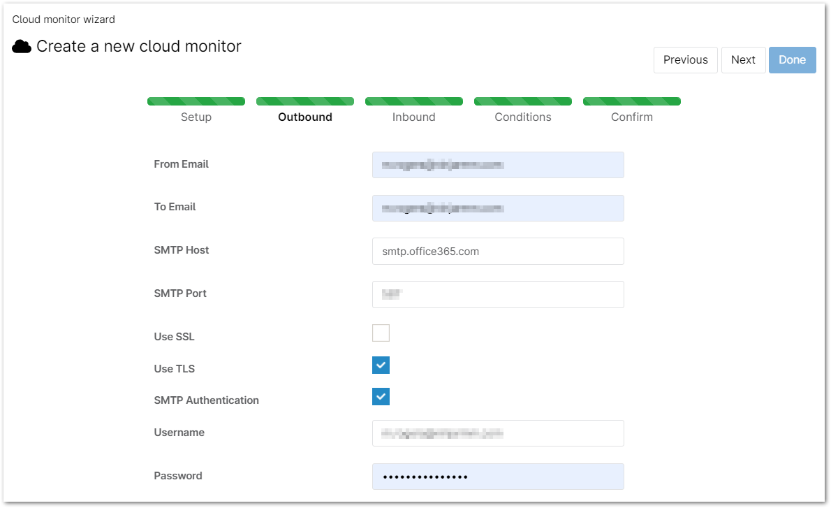 Select the SMTP host and a test account with username/password.