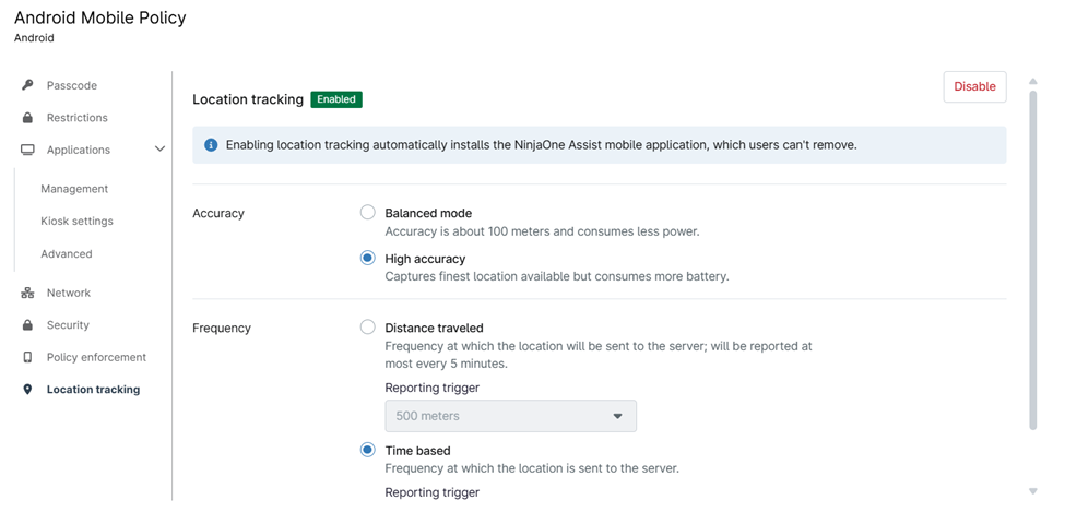 Android Mobile Policy dialog box