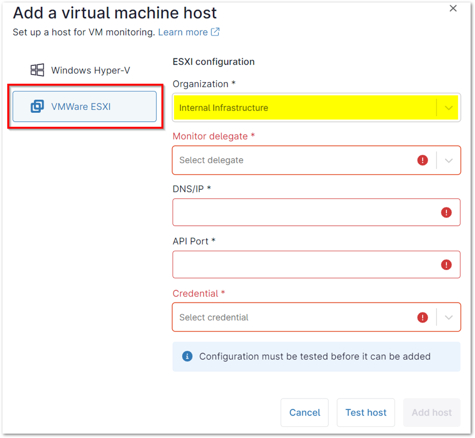 Click VMware ESXi&nbsp;on the left side of the host creator and select an&nbsp;organization&nbsp;to activate the other required fields.&nbsp;