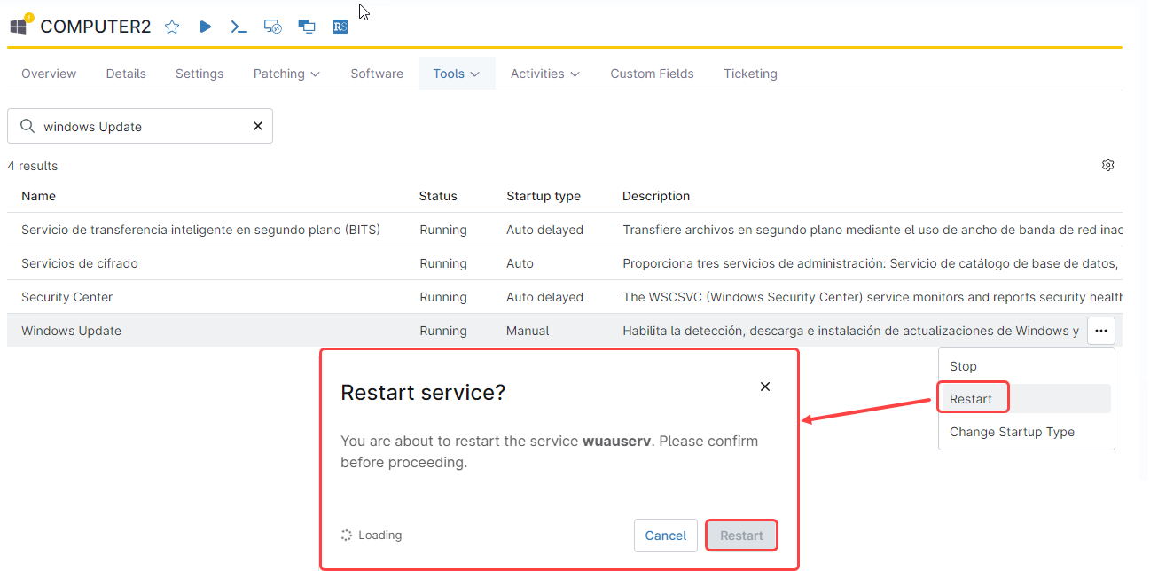 Click the actions icon and select Restart from the drop-down menu.