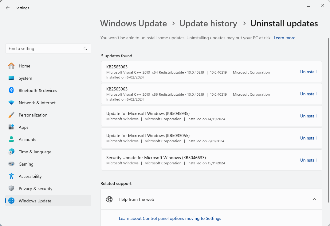 Désinstallation des fichiers CAB