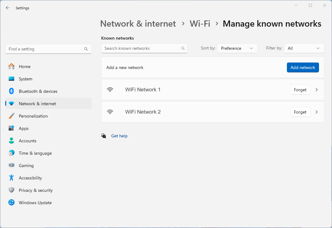 Selecting Manage known networks