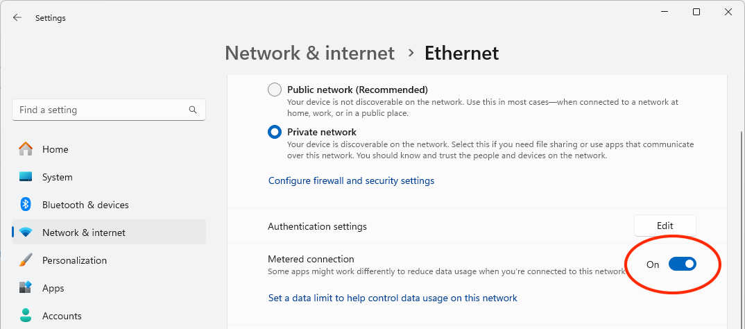 Toggle Metered connection to On