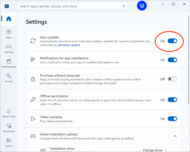 Toggle App updates to Off