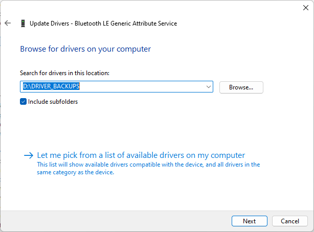 Device manager will now install any drivers from the backup directory