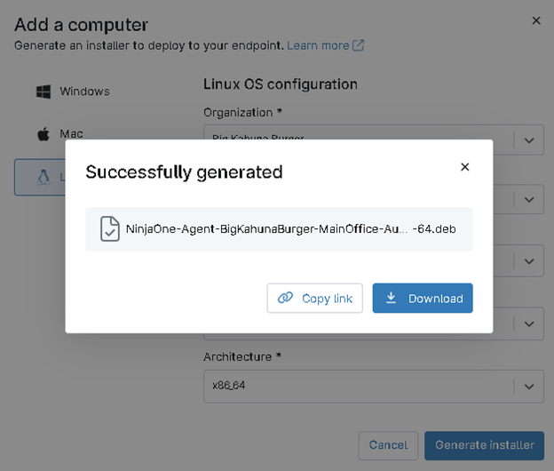 Download or copy installer link