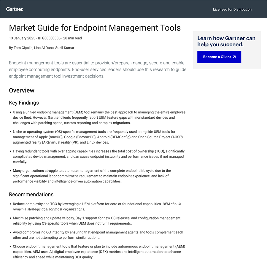 Gartner® Market Guide for Endpoint Management Tools