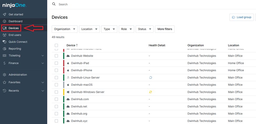 Navigate to the Devices section to view a comprehensive list of all managed endpoints.