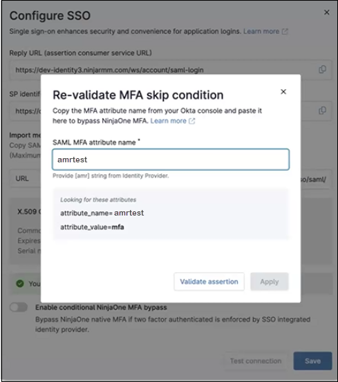 Toggle on the Enable conditional NinjaOne MFA bypass.