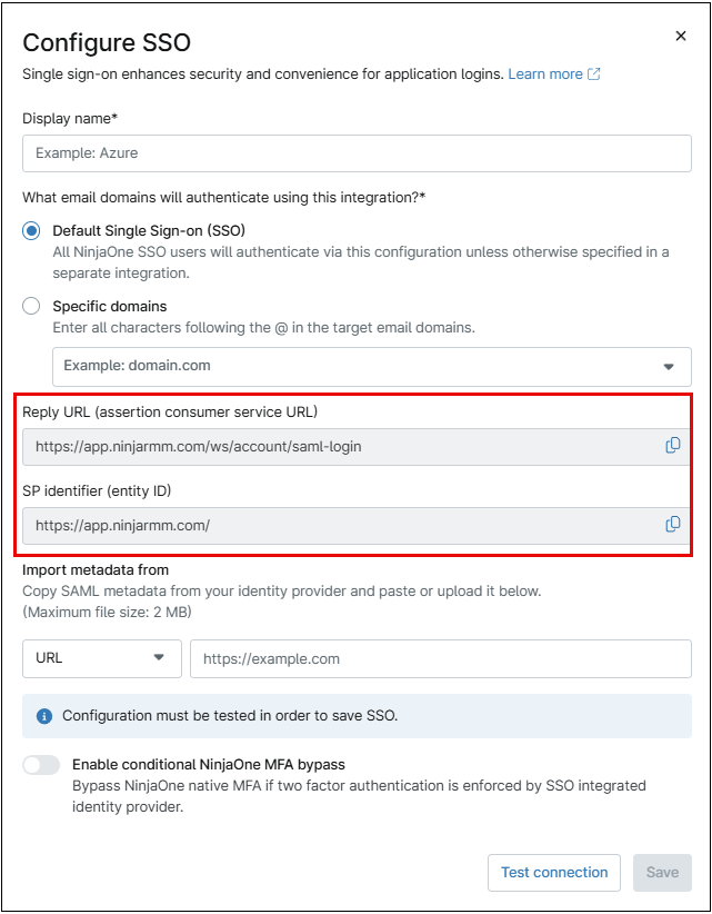 Copy the entity ID from NinjaOne and paste it into the corresponding field in the SSO provider's settings.