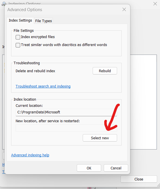 Clicca sul pulsante "Seleziona nuovo" sotto "Posizione indice"