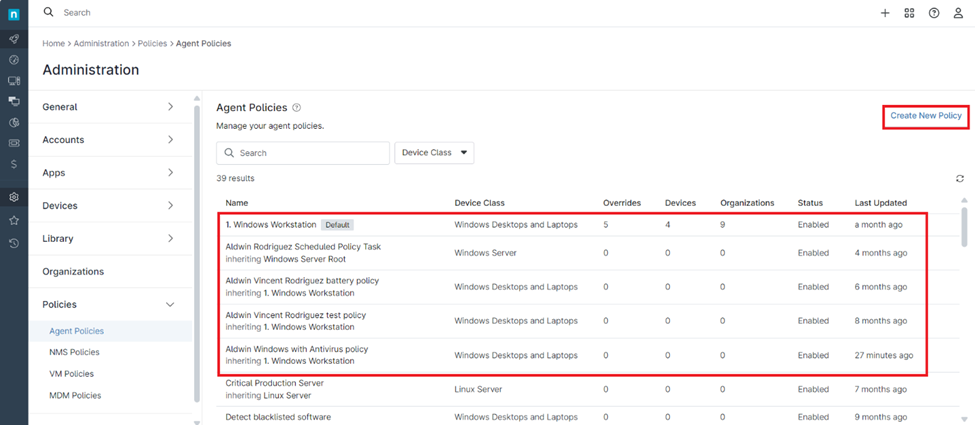 Create a new Windows policy or select an existing one from the list