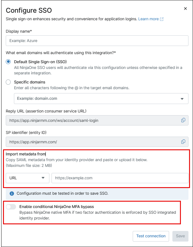Activate the Enable conditional NinjaOne MFA bypass&nbsp;toggle button.&nbsp;