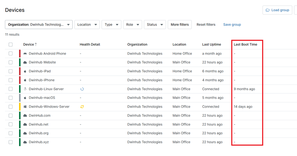Last Boot Time column will now be displayed in the Devices dashboard
