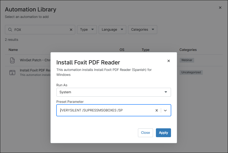 Boîte de dialogue Installer Foxit PDF Reader