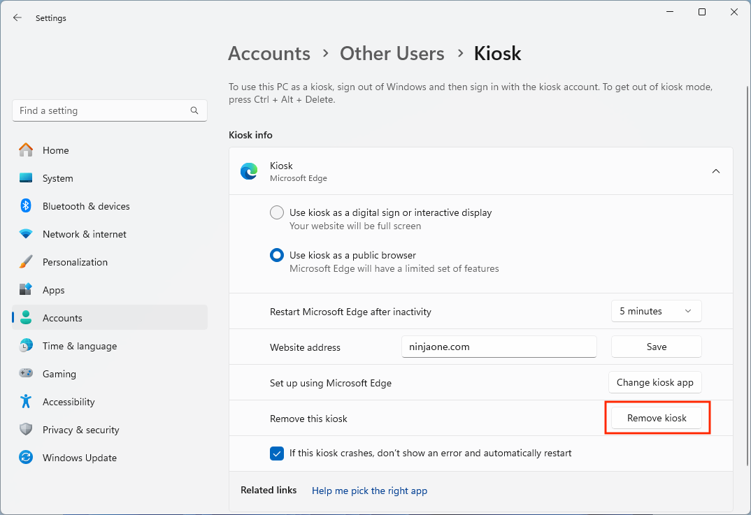 Cliquez sur le bouton "Supprimer le kiosque"