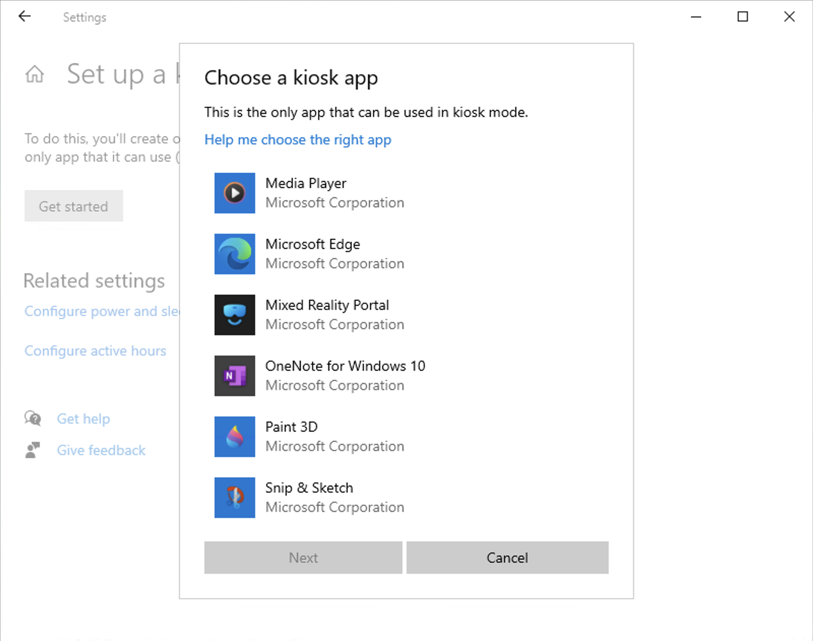 Boîte de dialogue Choisir une application kiosque